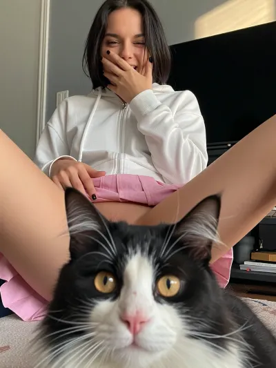 A photograph of a young adult woman with shoulder-length dark hair looking at the camera. She sits with legs spread, wearing a white unzipped hoodie, and lifts a pink pleated skirt with her right hand with black nail polish visible, exposing her bare upper thighs and the area between them. Her eyes narrow slightly with real laughter, and her other hand rises to cover her mouth instinctively. In the extreme foreground, a black-and-white fluffy cat with large amber eyes positioned between her legs and stares directly at the camera, its head filling the lower half of the frame and in the foreground, strategically obscuring her crotch. The composition is a vertical shot with the cat dominating the bottom and the woman positioned above it in the midground. Warm sun ambient lighting illuminates a grey wall on the right, a dark television, a shelf with a books and other objects. High photographic detail on the cat’s fur and eyes, the woman’s expression, and the intimate indoor setting.