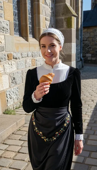 A 22-year-old woman—with delicate features, soft cheekbones, and brown eyes sparkling with serene joy—walks down the cobblestone lane of a Breton village street. A radiant, spontaneous smile plays upon her lips. In her right hand, held at chest height between thumb and forefinger, she carries a small, classic artisan-style all-butter croissant, boasting a crisp, airy texture and an amber-gold glaze.

The shot is framed precisely at eye level, aligned with her gaze, capturing her upper body and fluid stride. Low-angle morning sunlight strikes the lane directly, bathing the building facades and large, light-grey granite cobblestones in golden light. To her left stands the wall of a small village church, featuring fine stonework, aged mortar joints, and stained-glass windows framed in cut stone. She wears the traditional costume of the Cap-Sizun region, a fitted bodice of deep black velvet with embossed velvet trim, worn over a high collar of pristine white linen. Her dark silk apron—secured by a bib embroidered with delicate yellow and red floral motifs—sways gently with her steps. Resting atop her chestnut hair, pulled back into a low bun, is an exquisitely fine white lace *kapenn*, (headdress), stiffly starched, its intricate openwork allows the bright morning light to shine through.

The fresh early-morning air creates a crisp, crystal-clear atmosphere. The details are razor-sharp, the light crumbs on the golden crust of the small croissant, the texture of the black velvet, the fibers of the lace, the ochre and gray hues of the collegiate church's granite blocks, and the natural grain of her sun-warmed skin. Kodachrome color rendering, exceptionally clear 50mm optical look.