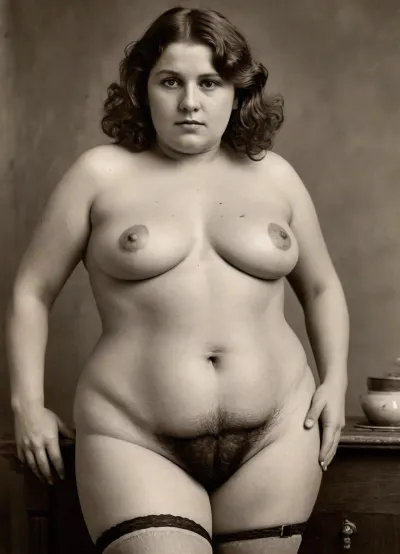 (Full body view), Highly detailed animated wallpapers in 8K resolution, showcasing a meticulously crafted and beautifully rendered scene. The composition is a black-and-white aged retro photograph with visible scratches. It depicts a plump elderly German woman from the early 19th century with noticeable hair in the genital area., (localized abdominal fat:1.4), (cellulite:1.2), (obese:1.2), (black stockings with garters), (Thigh gap:1.2), ., (excessive pubic hair:1.3), Her pubic area is covered in hair. The woman is depicted with sagging breasts, wearing an old‑fashioned corset and a black belt with garters. This vintage photograph is part of a collection of risqué postcards featuring exposed, hairy female genitalia and a voluptuous figure. sepia, vntg, line-art, DPICT, stretch, marks, <lora:NaughtyPostcard:1>, <lora:vntg-line-art-v2:.8>, <lora:Antique_Photo:.8>, <lora:DPICT_Classic_Sketches:.8>, <lora:stretch_marks:.8>