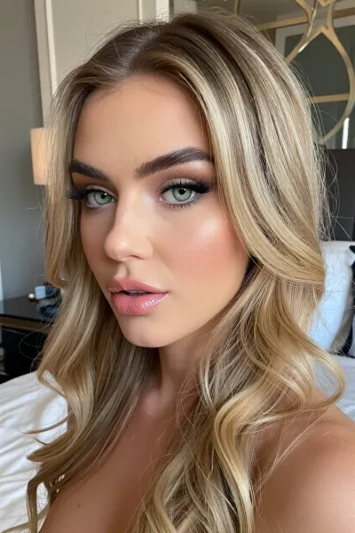 (private leaked photo of a candid intimate moment with a naughty young woman, close-up focus on her intoxicating eyes:8), (rich 24yo woman with immaculate professional hair and makeup), (long blonde hair, elegant hair styled in loose cascading waves, luxurious voluminous hair, dark threaded eyebrows), (pale green eyes with sharp contrasting limbal rings, sultry expression in her eyes), (soft oval lips with pillowy creases in a sticky glossy wet-look), (flawless glamorous makeup), (luxurious modern bedroom with uncluttered tasteful decor), (sensual expression, seductive playful pose), (unedited raw photo aesthetic, overexposed low-contrast amateur look), (blown-out white highlights, Low dynamic range, washed-out high-key aesthetic)