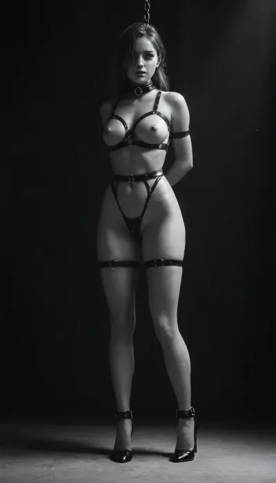 (((black and white, no colors:4))), spotlight from front, 1girl, 25 years old, trained body, blond hair in ponytail, (oiled skin:1.4), (nipples pierced by big steel pins), gagged, big perky breasts, (very slim waist:1.2), collar, bondage straps, suspended, chained, standing, legs spread, ((black high heel Pumps:1.6)), ((bdsm dungeon:1.4))