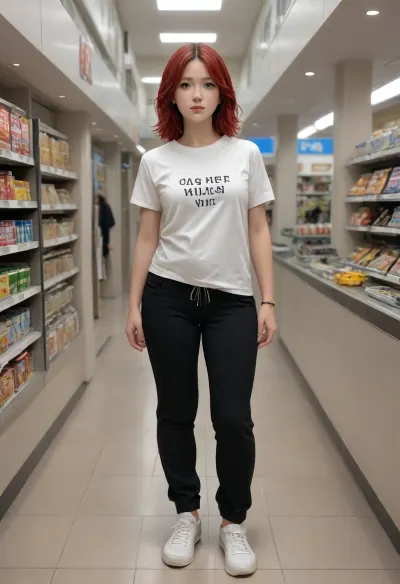 A photorealistic cinematic scene of a 25-year-old adult woman with a beautiful, naturally curvy and plump figure, red hair, going casually inside a modern city shopping mall. She is wearing comfortable jogger pants and an oversized colorful casual T-shirt. She has a natural, friendly appearance and a relaxed, candid expression. Her clothing falls naturally over her body with realistic folds and fabric texture, preserving her natural body shape. Modern mall interior, shops and storefronts in the background, polished floor, soft indoor lighting, realistic reflections, natural skin texture, realistic fabric physics, candid photography, full-body composition, natural proportions, high detail, photorealistic. Her clothing falls naturally over her body with realistic folds and fabric texture, preserving her natural body shape., <lora:Chubby BBW - XL:2>