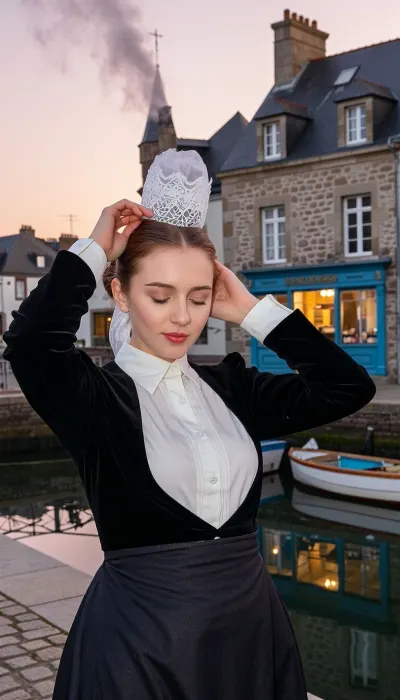 Au premier plan, une jeune femme bretonne de 22 ans, au visage frais encore engourdi par le sommeil et aux yeux clairs plissés par une douce sérénité, se tient debout au milieu du quai en dalles de granite d'un petit port traditionnel du Finistère. De ses deux mains levées aux doigts gracieux, elle réajuste délicatement les rubans de sa haute coiffe bretonne en dentelle blanche translucide, la kapenn, fixée sur ses cheveux bruns soigneusement tirés en chignon. Elle porte un costume traditionnel du Cap-Sizun composé d'un gilet cintré en velours noir d'une texture mat profonde sur un chemisier en lin blanc au col montant rigide, et d'un tablier en soie sombre brodé au plastron.

Tout autour d'elle, la vie matinale du village s'éveille à peine. La lumière rasante et froide de l'aube, teintée de rose pâle et d'or très clair, rase l'horizon. La brume épaisse du petit matin stagne encore au ras de l'eau calme du port et glisse doucement entre les dalles de granite de la jetée, toutes humides de la rosée nocturne. Un fin ruban de fumée blanche s'échappe verticalement de la cheminée en pierre de l'une des maisons en granite, indiquant le premier feu du jour dans l'air frais et limpide.

Le décor affiche les signes distinctifs des premières minutes du jour, sur le quai totalement désert, une unique boulangère en tablier ouvre le premier volet en bois bleu d'une façade ancienne, laissant filtrer la lumière chaude d'une vitrine éclairée de l'intérieur. En contrebas, l'eau du port reflète les veilleuses encore allumées de deux petites barques de pêche en bois, dont les ponts sont mouillés par le crachin de la nuit. Les fenêtres des toits d'ardoise bleue sont encore sombres, sauf deux ou trois éclairées par une lueur intime d'ampoule intérieure.

La prise de vue est réalisée strictement à hauteur d'yeux avec une focale neutre de 50mm, offrant une perspective naturelle et aérée. La lumière diffuse de l'aube crée de longues ombres portées douces sur le sol mouillé, faisant briller les gouttes d'eau sur la dentelle de la coiffe, la pierre condensée du quai et le bois verni des bateaux. Piqué chirurgical sur les fibres de la dentelle, la vapeur légère du souffle dans l'air frais du matin, la brume marine et les moellons de granite. Rendu couleur Kodachrome authentique, contrastes doux, atmosphère paisible et matinale d'un village qui s'éveille.