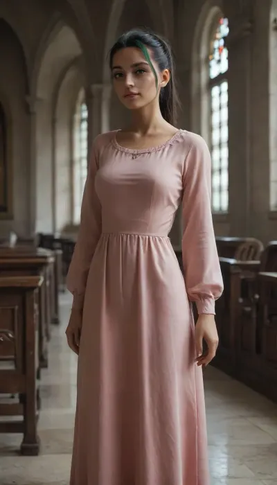 (Nemona from pokemon), masterpiece, highly-detailed, hyper-realistic, score_9, score_8, score_7, realistic details. Innocent church-goer nemona in modest dress. Long sleeve dress