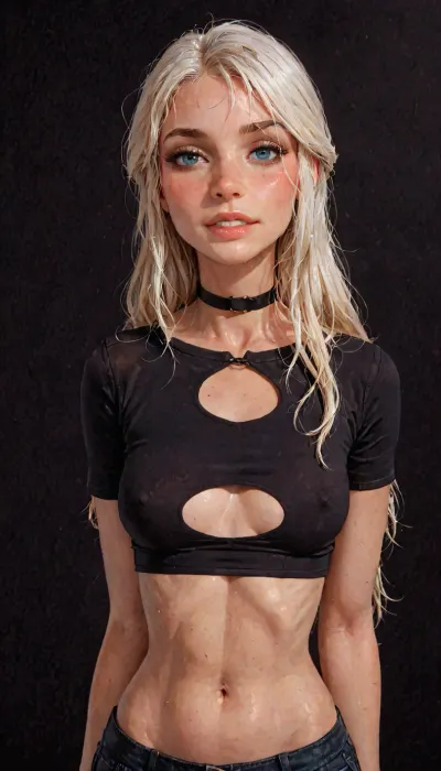 (reiq meets innv and Jack cayless art style), (Incase style:1.2), beautiful girl, blonde hair, very long hair, friendly slight smile showing her teeth, (face closeup), (((solo))), (black choker), (narrow waist), (sexy abs), (ruined makeup:.6), bangs over eye, symmetrical blue eyes, snub nose, plumb lips, parted lips, teeth visible, half-closed eyes, small breasts, (erect nipples), 1girl, ((face focus)), beads of sweat, sweat body, beautiful curves of the body, realistic detailed, deep insertion, intim light, (top with cutout), (black crop top:1.4), (simple dark background:1.8), skin texture, futuristic-fantasy-anime, incase, style, (ciri), (cirilla), <lora:sd_xl_turbo_lora_v1-64dim:2>, <lora:futureistic_fantasy_anime_sdxl_v1:2>, <lora:Incase_Style__SDXL:2>, <lora:SDXL_BetterFaces-LoRA_v1:.8>, <lora:Witcher3TurnXL_v1:.8>
