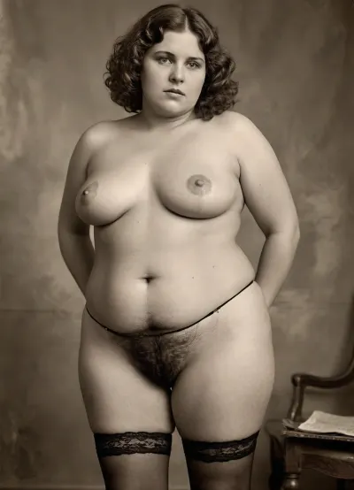 (Full body view), Highly detailed animated wallpapers in 8K resolution, showcasing a meticulously crafted and beautifully rendered scene. The composition is a black-and-white aged retro photograph with visible scratches. It depicts a plump elderly German woman from the early 19th century with noticeable hair in the genital area., (localized abdominal fat:1.2), (cellulite:1.2), (obese:1.2), (black stockings with garters), ., (excessive pubic hair:1.3), Her pubic area is covered in hair. The woman is depicted with sagging breasts, wearing an old‑fashioned corset and a black belt with garters. This vintage photograph is part of a collection of risqué postcards featuring exposed, hairy female genitalia and a voluptuous figure. sepia, vntg, line-art, DPICT, stretch, marks, <lora:NaughtyPostcard:1>, <lora:vntg-line-art-v2:.8>, <lora:Antique_Photo:.8>, <lora:DPICT_Classic_Sketches:.8>, <lora:stretch_marks:.8>