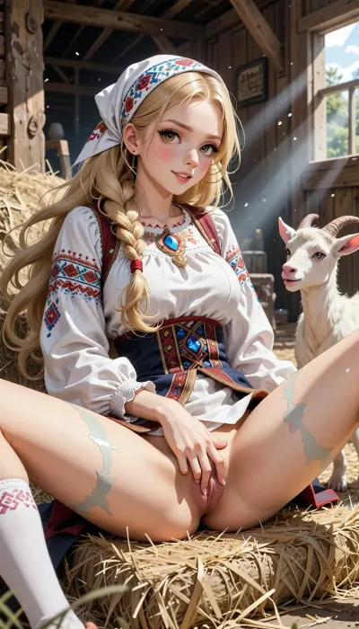An exquisite watercolor piece in the anime isekai style, showcasing exceptional artistic mastery. The scene depicts the early morning. The focal point is a beautiful, sensual village girl with fair skin and thick, long blonde hair braided into a single plait, she has highly expressive, flirtatious eyes and a playful, alluring smile. She possesses a classic figure with a full bust and wide hips, she is dressed in traditional Russian attire—an embroidered *sarafan* over a white blouse—and a beautiful embroidered headscarf. The girl sits on a haystack in a barn, leaning back slightly with her legs spread wide, revealing her exposed crotch, she caresses her labia and clitoris with a finger, masturbating, while her face reflects sensuality and ecstasy. A small kid goat stands nearby, watching the scene with curiosity. A beautiful, sun-drenched scene that celebrates the aesthetics of the female body. Atmospheric lighting, featuring volumetric effects and light rays, adds depth to the image. The composition employs dynamic angles and fluid lines that guide the viewer's gaze. The color palette features rich, deep tones reminiscent of gemstones, with profound shadows and radiant highlights. The setting is rendered with attention to atmospheric perspective and a sense of depth. Special emphasis is placed on the rendering of textures and materials—ranging from smooth to rough surfaces. The atmosphere is filled with a sense of wonder and enchantment. The high level of detail testifies to the artist's exceptional skill and diligence. The illustration showcases outstanding artistic mastery and creative vision, soft pastel tones, paint splatters, delicate brushstrokes, light translucent washes, graceful details, fluid brushwork, anime style, expressive composition, dynamic pose, striking key art, studio quality, high detail, cel-shading technique, large expressive eyes, stylized hair.