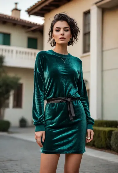 (masterpiece, best quality:1.2), 1 busty french 25yo woman, lasciviously and cheekily posing fashion influencer, (she wears a shimmering faded green colored velvet sweaterdress, sneakers:1.4), outside a modern angular minimalist style villa, short raven black hair, (modern styled with jewelry, earrings, bangles, necklaces, belt:1.4), bright blue eyes, glasses, photorealism, <lora:style_lora_realis:.5>