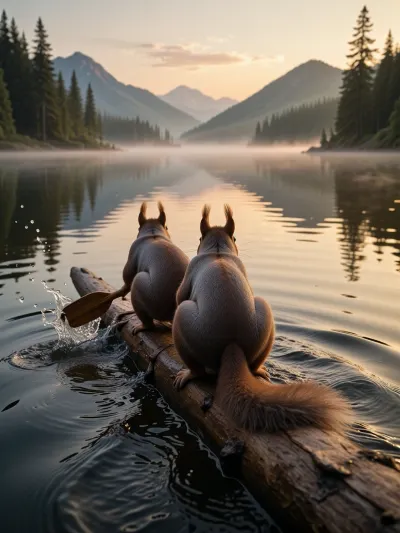 Ultra detailed depiction, sharp focus on their back-tails, realistic rendering. View from behind. Two squirrels crouch forward on a floating log, drifting down the water. One squirrel grips a small wooden paddle mid-stroke, water splashing where it cuts through the current. Their fur catching the light, individual strands visible. A trailing wake ripples out behind the log, showing its forward motion. Ahead there is a vast, still lake shrouded in morning mist. Soft golden light grazes low across the water. Tall pine-covered mountains rise in the background, their silhouettes soft in the distance. The sky is painted in warm golden and soft pink tones, reflected in the calm lake ahead. over-detailed rendering, masterpiece, epic photorealism.