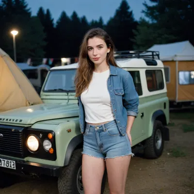 Create a candid nighttime snapshot in the style of a late-1990s/early-2000s disposable 35mm film camera. The image should feel like an unposed personal photo taken quickly with a compact point-and-shoot using direct on-camera flash., (((A young adult woman stands by a Land Rover Defender in a quiet camp site))), . She is framed three-quarter body, looking toward the camera with a natural, slightly playful expression. Her pose is relaxed and imperfect, as if caught mid-moment. Framing is slightly off-center and handheld, with a spontaneous, friend-taken snapshot feel. The photo is taken from a high angle, top-down view.She is wearing a tight white crop top and tight denim cutoff booty shorts with frayed edges. She is very short with wide hips and thick thighs.A 30 year old Spanish girl. She has thin straight brunette hair styled in a loose messy bun.Lighting is harsh direct flash from the camera, causing bright overexposed highlights on skin and clothing and deep, uncontrolled shadows. The background falls into darkness, with only faintly visible trees and a deep blue night sky. Distant streetlights appear as small points of light.Use a cheap consumer film camera aesthetic, 35–40mm equivalent lens, moderate depth of field, slight softness, imperfect autofocus, mild vignetting, uneven exposure, and natural perspective. No modern digital sharpness or smartphone processing.Film look should include visible grain, slight color noise, halation around highlights, faded blacks, and imperfect white balance. Colors are warm from flash, with blue shadows, muted greens, and slightly faded tones. The image should resemble a scanned 35mm print.Include authentic film imperfections, dust, tiny scratches, subtle motion blur, and exposure inconsistencies. Everything should feel organic, not added or artificial.Mood is nostalgic, youthful, intimate, and effortlessly candid—like a real memory from a night out, not a photoshoot. Prioritize realism, imperfection, and spontaneity over polish.