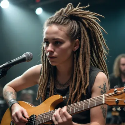 Kleine, mollige punkerin, mit tyrkiesen Dreadlocks wird vom Bassisten und vom Gitarristen gleichzeitig, auf der Bühne, während des Konzertes gefickt