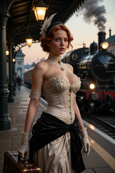 A photorealistic, cinematic scene set at the twilight of the Belle Époque, early 1910s. A young busty redhead woman stands on an elegant railway platform at dusk, embodying the end of an age of luxury, refinement, and quiet certainty. She is the clear focal point of the image, dressed in a historically inspired Belle Époque outfit, a graceful high-fashion travel dress with a corseted silhouette, fine lace details, soft silk and velvet textures, elegant gloves, and a tasteful feathered hat. She holds a small suitcase or travel bag, suggesting departure and transition.

Her expression is filled with melancholy and hope, as if she is leaving one world behind and stepping toward an uncertain future. Her pose is poised and graceful, but emotionally resonant, conveying gentle sorrow for the past and anticipation of change. She glances slightly back over her shoulder, as if taking one last look at the world she is leaving behind.

Behind her, an elegant early-20th-century train station glows in the warm light of sunset and gas lamps. A steam locomotive waits nearby, with soft smoke drifting into the air. Iron-and-glass station architecture, polished platform details, and subtle traces of other travelers create an authentic historical setting without distracting from the heroine. The atmosphere is nostalgic, intimate, wistful, and refined.

Highly detailed, photorealistic, competition-quality image, realistic skin texture, lifelike eyes, soft cinematic lighting, warm dusk glow, historical accuracy, elegant composition, emotional storytelling, shallow depth of field, refined Belle Époque mood