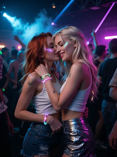 Ultra detailed depiction, professional photograph, realistic, perfect composition of lights, clear focus.
Two girlfriends sharing a joyful, electric moment together in the middle of a rave party.
A striking young woman stands close behind and slightly to the side of her friend, her head leaning in close behind her friend's ear, her face partly hidden by her friend's hair. 1redhead, 1platinium blonde.
Her friend tilts her head back slightly, caught in an amused, knowing laugh, eyes softly closed, a warm genuine smile on her lips.
Their hands rest gently on each other, hands on shoulder and hip, both relaxed and affectionate.
Both women have soft curved lines of glowing neon face paint across their cheeks and temples, catching the surrounding lights, along with small delicate tattoos visible on their shoulders and arms.
They have long, wild, tousled hair with a few colorful streaks catching the neon light.
They wear sleeveless crop tops and high-waisted shorts in bright reflective fabric, small glow bracelets stacked on both wrists.
Around them, a dense crowd of dancers is blurred in motion, illuminated by sweeping colorful stage lights in electric blue, magenta, and green.
Beams of laser light cut through a light haze of stage smoke drifting through the air.
The lighting is dramatic and colorful, strong contrasts between deep shadow and vivid glowing neon light across their faces and skin.
Shallow depth of field, the crowd and lights softly blurred behind them, sharp focus on both faces.