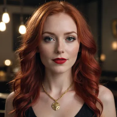 In a dark and moody setting, Lily, (a beauty hipster with &Long wild red hair:1.3), black eyeliner, bright red lipstick, She smirks into the camera, daring you to look away, gold necklace, Cumshot