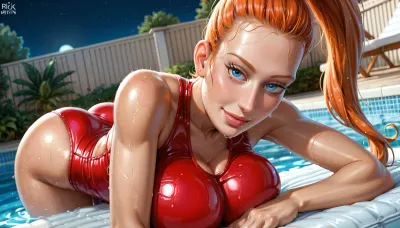 (Reiq style:.75), (solo), ((Summer Smith from “Rick and Morty”:1.6)), 19yo, orange hair, high ponytail hairstyle, busty proportions, wide hips, blue eyes /, (ultra, HD, quality, details), hdr, laying on pool mattress, glowing pool reflecting on oiled skin, (tight fitting crimson latex swimsuit with white trim), wet dripping skin, (huge breasts:1.4), (huge cleavage), pool, dim lit, night, subtle content smile, seductive gaze, looking at viewer, perfect hands, (close up:1.6), <lora:add-detail-xl:2>