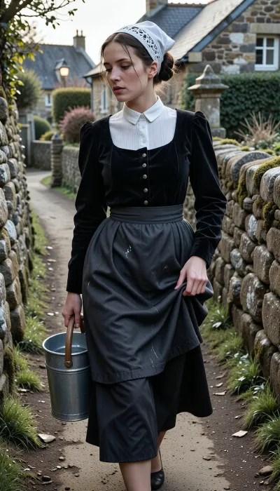 A realistic street photograph, shot with a 35mm f/1.4 lens in a 1950s vintage style. A candid snapshot capturing a village morning.
In the foreground, a beautiful 22-year-old Breton woman walks along a packed-earth path winding between two lichen-covered granite walls. Her finely featured face—with a matte complexion, soft cheekbones, and a scattering of freckles—betrays early-morning fatigue. Her half-closed eyes squint against the low-angled light and lingering drowsiness, while her mouth, with natural lips, wears a pensive expression. Her dark chestnut hair, pulled into a tight low bun beneath her headdress, allows a few stray strands to escape and cling to her damp forehead.
She wears the traditional peasant costume of Cap-Sizun—authentic yet marked by daily toil, a fitted bodice of matte black velvet over a white linen blouse with a high collar, and a dark fabric apron featuring a simply embroidered bib, the apron is wrinkled and slightly stained at the hem. Her full skirt, made of dark wool cloth, reaches her ankles. On her head, she wears the *kapenn*—a tall, starched white lace headdress whose intricate embroidery catches the bright morning light.
As she walks, she shifts her body weight onto her leading leg, her torso is slightly turned and her head tilted, her gaze fixed on her feet and the stony path she watches carefully to avoid stumbling. Her fingers grip the wooden handle of a zinc milk bucket, which she carries naturally at her side, The bucket swings gently near her hip, creating a slight motion blur at the hem of her skirt. With her other hand, she delicately holds the fabric, lifting it slightly to keep it from getting dirty on the ground.
The village is waking up around her, three or four low granite houses with slate roofs stand scattered and irregularly arranged, separated by stone-walled gardens and, in the background, a rustic, peaceful chicken coop. The setting includes a narrow path, a cast-iron water pump, a woodpile under a lean-to, and a stone wayside cross half-hidden by the distant mist. A single window glows with the warm light of an indoor bulb.
Climate and atmosphere, the crisp, crystalline dawn air creates a damp, silent morning mood. The scene is bathed in the low-angle light of the rising sun—shifting between pale pink and very pale gold—piercing through a thick mist that clings to the ground and the dew-laden tall grass. The shot is taken at eye level using a neutral 50mm focal length, offering a natural perspective and a shallow depth of field that softens the background. The scene reveals long, soft shadows on the damp earth, a faint cloud of breath mist, and dew drops glistening on the lace and the stones of the low wall. Sharp focus in the foreground, authentic Kodachrome-style color rendering, soft contrasts, and the peaceful rural atmosphere of a place stirring to life.