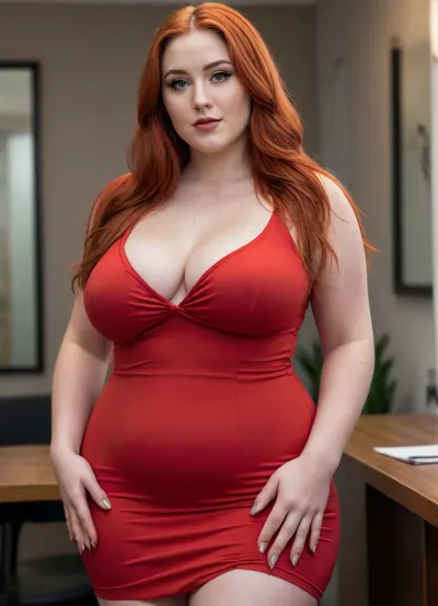 curvy tall bbw pawg, red skinny bodycon dress, long saggy milk filled breasts, long straight red hair