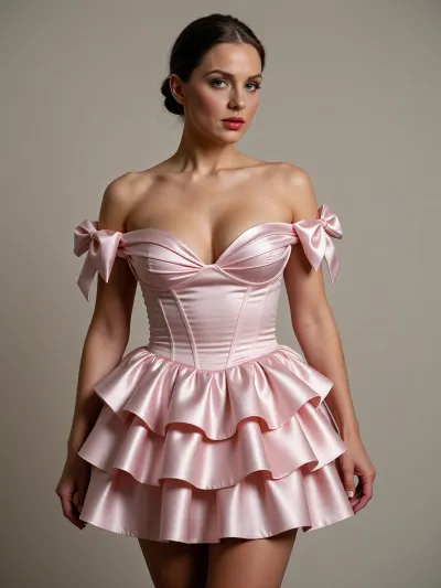Realistic, 8K, 45yo adult female standing centered, posture rigid, face composed with a slight smirk, makeup polished with a matte red lip and neutral eyeshadow, hair in a tight, sophisticated low bun. She wears a pale dusty-pink satin gown featuring an off-the-shoulder neckline with two large satin bow loops acting as sleeves and a tight boned corset bodice that compresses her torso, forcing her breast tissue upward. The skirt consists of three cascading tiers of ruffled satin that flare out from her hips, masking the width of her thick thighs. Lighting is studio editorial with a softbox key and a sharp hair light, creating clean specular highlights on the satin fabric. 70mm lens, neutral background, deep focus.