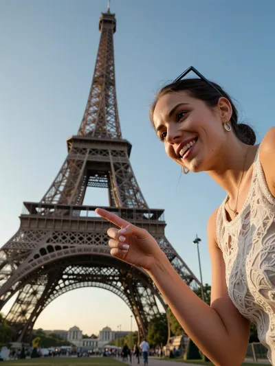A professional medium-wide shot capturing a smiling female tour guide, taken from a slightly low angle to effectively showcase the majestic Eiffel Tower rising in the background. She gracefully points towards this iconic landmark with her hand, featuring a perfectly shaped hand with five fingers, the shot captures the moment when she seems to be asking, ‘Do you like the Eiffel Tower?’. Shot with a professional wide-angle lens during the ‘golden hour’ in warm natural light, amidst an authentic Parisian atmosphere. The highly detailed textures of her outfit, the cinematic depth of field with the gigantic Eiffel Tower fully visible and towering majestically behind her. Quality meeting National Geographic competition standards, photorealistic, (8K resolution, 16:9), aspect ratio, .