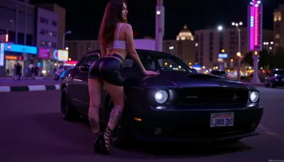 1 sexy woman, 25 years old, long wavy dark hair, perfect slender body, rear view with an angle, wearing a black leather mini skirt and a white crop top, black high heels, (full-body tattoos), looking to the side, standing at a large street-intersection in a cyber neon city, leans with her hands on the hood of a muscle car, (neon signs), night, dark, neon lights, moonlight, masterpiece, best quality, niceheels, stiletto, heel, strappy