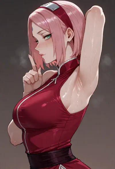 (ratatatat74 style), sakura haruno, naruto, dressed, shushing, solo, armpit fetish, sweaty, looking at viewer, side view, (simple background), <lora:ratatatat74-000050:2>