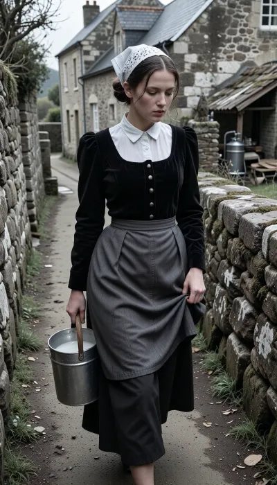 A realistic black and white street photograph, shot with a 35mm f/1.4 lens. Only the skin and a few details have dull colors.. The photo was taken in France in 1950. A candid snapshot capturing a village morning.
In the foreground, a beautiful 22-year-old Breton woman walks along a packed-earth path winding between two lichen-covered granite walls. Her finely featured face—with a matte complexion, soft cheekbones, and a scattering of freckles—betrays early-morning fatigue. Her half-closed eyes squint against the low-angled light and lingering drowsiness, while her mouth, with natural lips, wears a pensive expression. Her dark chestnut hair, pulled into a tight low bun beneath her headdress, allows a few stray strands to escape and cling to her damp forehead.
She wears the traditional peasant costume of Cap-Sizun—authentic yet marked by daily toil, a fitted bodice of matte black velvet over a white linen blouse with a high collar, and a dark fabric apron featuring a simply embroidered bib, the apron is wrinkled and slightly stained at the hem. Her full skirt, made of dark wool cloth, reaches her ankles. On her head, she wears the *kapenn*—a tall, starched white lace headdress whose intricate embroidery catches the bright morning light.
As she walks, she shifts her body weight onto her leading leg, her torso is slightly turned and her head tilted, her gaze fixed on her feet and the stony path she watches carefully to avoid stumbling. Her fingers grip the wooden handle of a zinc milk pail, containing white creamy milk, which she carries naturally at her side, The bucket swings gently near her hip, creating a slight motion blur at the hem of her skirt. With her other hand, she delicately holds the fabric, lifting it slightly to keep it from getting dirty on the ground.
The village is waking up around her, three or four low granite houses with slate roofs stand scattered and irregularly arranged, separated by stone-walled gardens and, in the background, a rustic, peaceful chicken coop. The setting includes a narrow path, a cast-iron water pump, a woodpile under a lean-to. A single window glows with the warm light of an indoor bulb.
Climate and atmosphere, the crisp, crystalline dawn air creates a damp, silent morning mood. The scene is bathed in the low-angle light of the rising sun—shifting between pale pink and very pale gold—piercing through a thick mist that clings to the ground and the dew-laden tall grass. The shot is taken at eye level using a neutral 50mm focal length, offering a natural perspective and a shallow depth of field that softens the background. The scene reveals long, soft shadows on the damp earth, a faint cloud of breath mist, and dew drops glistening on the lace and the stones of the low wall. Sharp focus in the foreground, authentic analogic Black and white rendering, soft contrasts, and the peaceful rural atmosphere of a place stirring to life.