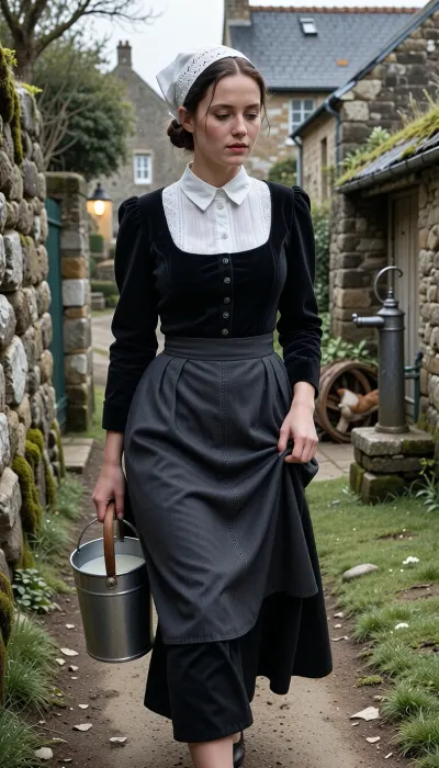 A realistic street photograph, shot with a 35mm f/1.4 lens in a 1950s vintage style. A candid snapshot capturing a village morning.
In the foreground, a beautiful 22-year-old Breton woman walks along a packed-earth path winding between two lichen-covered granite walls. Her finely featured face—with a matte complexion, soft cheekbones, and a scattering of freckles—betrays early-morning fatigue. Her half-closed eyes squint against the low-angled light and lingering drowsiness, while her mouth, with natural lips, wears a pensive expression. Her dark chestnut hair, pulled into a tight low bun beneath her headdress, allows a few stray strands to escape and cling to her damp forehead.
She wears the traditional peasant costume of Cap-Sizun—authentic yet marked by daily toil, a fitted bodice of matte black velvet over a white linen blouse with a high collar, and a dark fabric apron featuring a simply embroidered bib, the apron is wrinkled and slightly stained at the hem. Her full skirt, made of dark wool cloth, reaches her ankles. On her head, she wears the *kapenn*—a tall, starched white lace headdress whose intricate embroidery catches the bright morning light.
As she walks, she shifts her body weight onto her leading leg, her torso is slightly turned and her head tilted, her gaze fixed on her feet and the stony path she watches carefully to avoid stumbling. Her fingers grip the wooden handle of a zinc milk pail, containing white creamy milk, which she carries naturally at her side, The bucket swings gently near her hip, creating a slight motion blur at the hem of her skirt. With her other hand, she delicately holds the fabric, lifting it slightly to keep it from getting dirty on the ground.
The village is waking up around her, three or four low granite houses with slate roofs stand scattered and irregularly arranged, separated by stone-walled gardens and, in the background, a rustic, peaceful chicken coop. The setting includes a narrow path, a cast-iron water pump, a woodpile under a lean-to. A single window glows with the warm light of an indoor bulb.
Climate and atmosphere, the crisp, crystalline dawn air creates a damp, silent morning mood. The scene is bathed in the low-angle light of the rising sun—shifting between pale pink and very pale gold—piercing through a thick mist that clings to the ground and the dew-laden tall grass. The shot is taken at eye level using a neutral 50mm focal length, offering a natural perspective and a shallow depth of field that softens the background. The scene reveals long, soft shadows on the damp earth, a faint cloud of breath mist, and dew drops glistening on the lace and the stones of the low wall. Sharp focus in the foreground, authentic Kodachrome-style color rendering, soft contrasts, and the peaceful rural atmosphere of a place stirring to life.