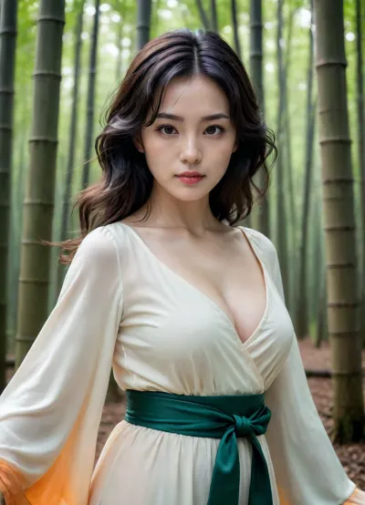 jpn-girl, Professional portrait photography of the face of a beautiful girl with, (glossy nude lips), black wavy hair, with orange eyes, big breasts, Nikon Z9, looking at the camera, realistic matte skin, highly detailed, skin texture visible, 40 yo, woman wearing medieval dress, white bell sleeves, green belt, blurry background, A bamboo forest, <lora:japanese_girl_v1.1:.75>