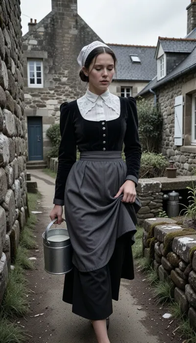 A muted, almost monochrome street photograph with extremely desaturated, bleached colors, shot with a 35mm f/1.4 lens. The photo was taken in France in 1950. A candid snapshot capturing a village morning in a near black-and-white argentic tone.
In the foreground, a beautiful 22-year-old Breton woman walks along a packed-earth path winding between two lichen-covered granite walls. Her finely featured face—with a matte complexion, soft cheekbones—betrays early-morning fatigue. Her half-closed eyes squint against the low-angled light and lingering drowsiness, while her mouth, with natural lips, wears a pensive expression. Her dark hair, pulled into a tight low bun beneath her headdress, allows a few stray strands to escape and cling to her damp forehead.
She wears the traditional peasant costume of Cap-Sizun—authentic yet marked by daily toil, a fitted bodice of matte black velvet over a white linen blouse with a high collar, and a dark fabric apron featuring a simply embroidered bib, the apron is wrinkled and slightly stained at the hem. Her full skirt, made of dark wool cloth, reaches her ankles. On her head, she wears the kapenn—a tall, starched white lace headdress whose intricate embroidery catches the bright morning light.
As she walks, she shifts her body weight onto her leading leg, her torso is slightly turned and her head tilted, her gaze fixed on her feet and the stony path she watches carefully to avoid stumbling. Her fingers grip the wooden handle of a zinc milk pail, containing white creamy milk, which she carries naturally at her side, The bucket swings gently near her hip, creating a slight motion blur at the hem of her skirt. With her other hand, she delicately holds the fabric, lifting it slightly to keep it from getting dirty on the ground.
The village is waking up around her, three or four low granite houses with slate roofs stand scattered and irregularly arranged, separated by stone-walled gardens and, in the background, a rustic, peaceful cellar. The setting includes a narrow path, a cast-iron water pump, a woodpile under a lean-to. A single window glows with the faint light of an indoor bulb.
Climate and atmosphere, the crisp, crystalline dawn air creates a damp, silent morning mood. The scene is bathed in a pale, highly desaturated low-angle light—a near-monochrome silver glow—piercing through a thick mist that clings to the ground and the dew-laden tall grass. The shot is taken at eye level using a neutral 50mm focal length, offering a natural perspective and a shallow depth of field that softens the background. The scene reveals long, soft shadows on the damp earth, a faint cloud of breath mist, and dew drops glistening on the lace and the stones of the low wall. Sharp focus in the foreground, desaturated vintage color palette bordering on black and white, subtle silver tones, soft contrasts, and the peaceful rural atmosphere of a place stirring to life.