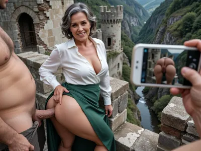 Photorealistic scene of a confident 70-year-old woman with a plump figure, wide hips, long, strong legs, short, wavy brown hair with gray streaks, a square face with subtle age wrinkles, and brown eyes. She wears a white silk blouse with deep cleavage and a long green skirt.

She stands at the battlement of a ruined medieval castle tower, the rest of the castle is destroyed, looking down at the narrow valley with a small river, with a delighted, pleased expression. An old fat-bellied man stands behind her with his pants open, lifting her skirt and penetrating her anally from behind. His thick cock is clearly visible sticking in her anus. The anus of the woman is clearly visible. The woman is ass fucked. The man fucks the woman's ass. The old fat-bellied man takes a picture with his mobile phone, on the display, the ass and the Anus of the Woman and his Dick ist visible. Natural daylight, detailed skin texture, realistic body proportions and wrinkles, atmospheric ruined castle setting, highly detailed, photorealistic, 8k