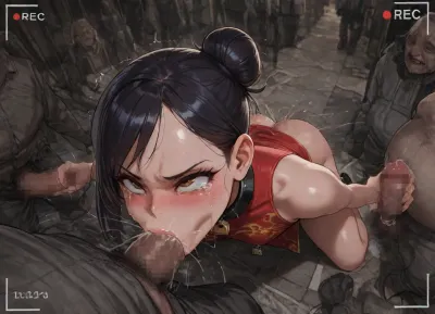 Nsfw, from side, from above, gangbang, enf, perfect face, masterpiece, big eyes, brown eyes, (young Japanese girl:1.2), (the girl is red china dress:1.2), (the girl is Thick black large collar and large padlock:1.3), no panties, Black shoes, (the girl is hair bun), top knot, (black hair), (single bun:1.8), (hair behind ear:1.2), (forehead:1.2), (swept bangs), very small breast, (angry:1.2), (crying:1.4), (tears:1.5), (ahegao, (orgasm:1.3), (blushing, Japanese face, furrowed brow, (excessive blowjob), long shot, city street, (recording:1.2), (homeless man:1.2), (homeless oldmen crowd:1.4), (homeless man is excessive forced sex:1.3), {, the girl handjob man), (the smiling man is dressed))