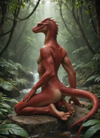 ultra realistic 8k cg, masterpiece, professional artwork, cinematic lighting, painting, 2 batwinged, dragon feet, long talons, snake creatures, dragon body naked, dark red skinned, demon eyed, red, green striped skin, red penis, jungle background, kneeling on rock, covered in brown leaves. fucking, anal, <lora:Fantasy_Monsters_XL:1>
