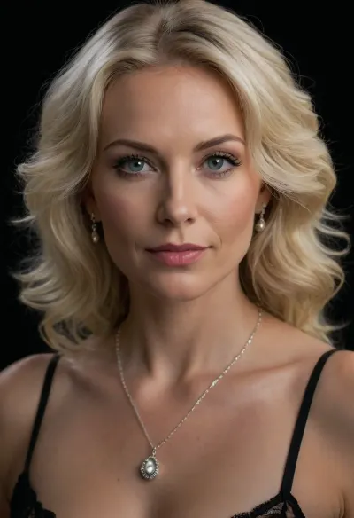 Beautiful 48 year old Caucasian woman, 1.68 meters tall, fair skin with natural mature texture and soft glow, (shoulder-length wavy platinum blonde hair:1.3), piercing blue-gray eyes, (professional soft makeup, subtle eyeliner, mascara, soft blush, natural lips), high cheekbones, elegant mature features, full lips slightly parted, firm breasts, smooth skin, perfectly proportioned, highly detailed face and body. She is looking directly at the camera with a calm, confident expression in a close-up portrait. Wearing a black sheer lace bra and an ornate silver crystal statement necklace with matching pearl drop earrings. Dark moody background with soft dramatic lighting highlighting her face and décolletage. Realistic photo, highly detailed, cinematic lighting, sharp focus.
