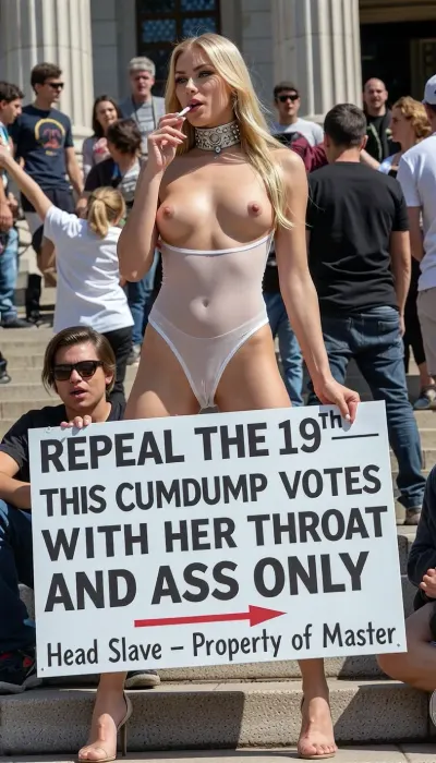 (1_girl), beautiful 30 year old tall thin supermodel blonde head slave at repeal the 19th rally, smoking hot elegant blonde woman with perfect supermodel face, long silky blonde hair, very thin athletic body, small perky 32B breasts, wearing a sheer white micro dress that is completely see-through, heavy engraved steel slave collar, elegant high heels, standing proudly yet submissively on the crowded courthouse steps during daytime protest, holding a large white sign that reads “REPEAL THE 19TH — THIS CUMDUMP VOTES WITH HER THROAT AND ASS ONLY — Head Slave — Property of Master”, sign arrow pointing at her exposed shaved pussy under the sheer dress, small perky tits visible through fabric, nipples hard, elegant face with slutty makeup and slight blush, crowd in background cheering, bright daylight, (public humiliation and pride), (elegant yet degraded gorean slave), detailed skin, realistic textures, aroused expression