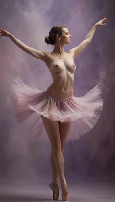 The nude Ballerina, rendered in captivating oil paint, stands on tiptoe amidst a swirling mist of soft pink and lavender hues, evoking an ethereal, whimsical atmosphere. Her skin glows with a warm golden luminescence. The brushstrokes are bold, expressive and gestural, imbuing the work with a sense of dynamic movement and energy, as if the dancer could leap off the canvas at any moment, capturing the magic of a fleeting performance. breasts, nipples, pussy