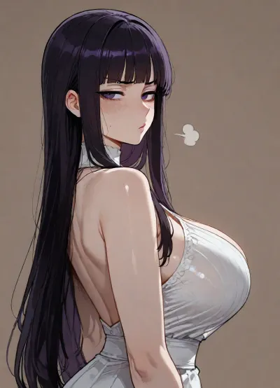 (ratatatat74 style), Fern, pouting, dressed, solo, back fetish, looking at viewer, side view, (simple background), <lora:ratatatat74-000050:2>