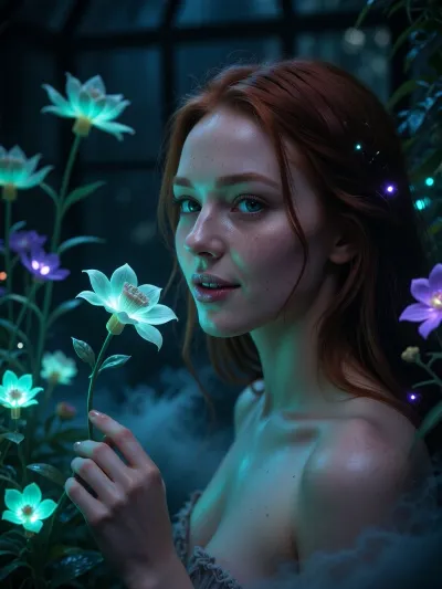 Ultra detailed depiction, extreme close-up composition, sharp focus on her face. A professional cinematic still of a beautiful fantasy redhead woman with pale skin, standing inside a dimly lit greenhouse filled with bioluminescent flowers. Her skin is smooth and cool-toned, with a faint natural sheen. Her eyes are a striking deep green, reflecting the soft glow of the plants around her. Her expression is calm and curious, a gentle smile on her lips as she looks toward one of the glowing flowers near her hand. Her dark hair falls loosely around her shoulders, catching small points of glowing light. Around her, the greenhouse is filled with fantastical flora, glowing flowers in shades of teal, violet, and soft green, casting gentle ambient light through the dim space. Wisps of soft mist drift low along the ground. The overall lighting is dark and moody, lit primarily by the glowing plants themselves, creating dramatic contrast between deep shadow and vivid glowing color. The color palette is dominated by deep blues, teals, and glowing violet accents. Shallow depth of field, soft bokeh background, over-detailed cinematic photography, masterpiece, epic detail, sharp facial details, photorealistic render.