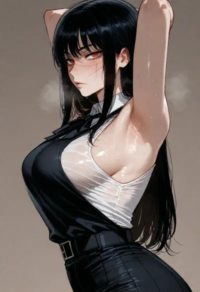 (ratatatat74 style), yoru from chainsaw man, dressed, solo, armpit fetish, sweaty, looking at viewer, side view, (simple background), <lora:ratatatat74-000050:2>