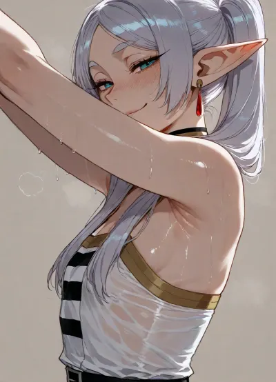 (ratatatat74 style), Frieren, flat chest, smug smile, dressed, solo, armpit fetish, sweaty, looking at viewer, side view, (simple background), <lora:ratatatat74-000050:2>