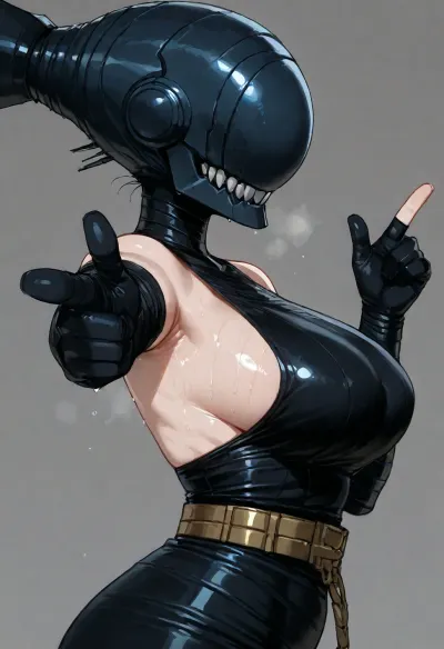 (ratatatat74 style), bomb devil, dressed, finger gun, pointing at viewer, solo, armpit fetish, sweaty, looking at viewer, side view, (simple background), <lora:ratatatat74-000050:2>