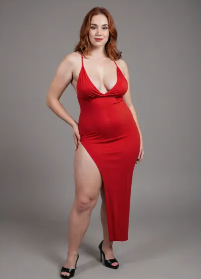 curvy tall bbw pawg, red skinny bodycon dress, long saggy boobs, long straight red hair