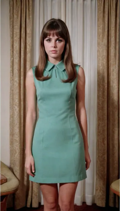 cute 18 years adult woman from 1960s is wearing a sleeveless mini-dress in a solid color and posing like a 1960s model, she has long brunette hair and curtain style bangs, retro, vintage, 8mm, 1960s, <lora:retro vintage 8mm SDXL Lora:.8>