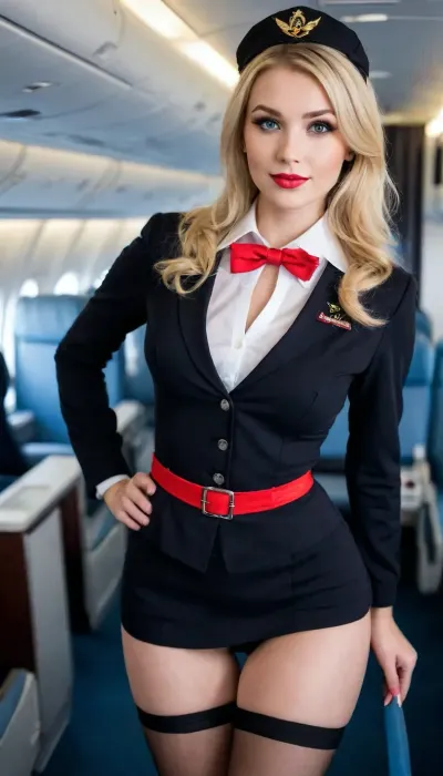 (young, Sexy Sweet Tempting young Woman), Professional sexy seduction modelposes, supermodel, perfect lighting, ultra realistic, 8k resolution, ultra detailed, instagram model, professional photography, ((Sexy EROTIC Cosplay Sexy flight attendant, sex call girl)), luxurious ash blond hair, Blue eyes, flashy makeup, Sexy lips, ((Sexy Stewardess uniform)), (Close fitting skirt), (Black garter belt, stockings), pale skin, natural big round breasts, smirk, nordic, flirty, bashful, seductive, lusty, playful, Healthy slim body, Tall, very long legs, hourglass figure, mini waist, Sweet face, perfect face, lifelike face, real face, very beautiful face, detailed face