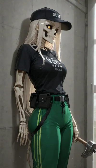 Anthro female, skeleton girl, wearing black shirt and green track pants, wearing sports cap and utility belt, sliver hair, looking at wall, holding small hammer, solo, no sex