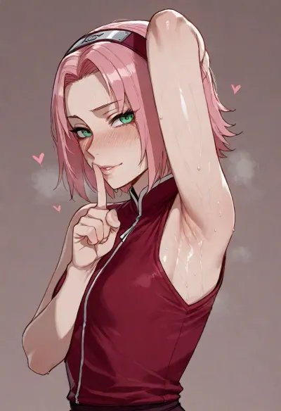 (ratatatat74 style), sakura haruno, naruto, dressed, flat chest, shushing, hearts, solo, armpit fetish, sweaty, looking at viewer, side view, (simple background), <lora:ratatatat74-000050:2>