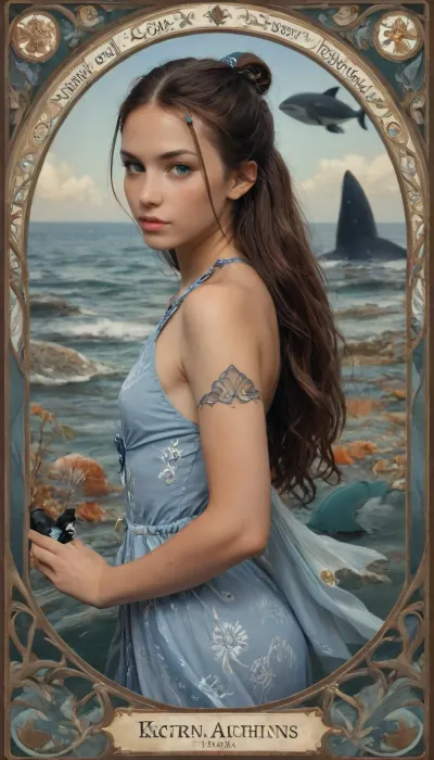 Art Nouveau style, water bender from avatar airbender, Looks like a blue queen of the ocean, ((Art Nouveau ornament of dolphins, whales)), (((Sea themes))), (((katara hair with blue eyes))), (((fins and spray))), novuschroma, style, Ivan, Bilibin, Style, page, intricate revealing tribal dress, small breasts, beautiful, tan, looking toward viewer, <lora:124_novuschromaSXL_a4:.8>, <lora:Ivan Bilibin Style:.8>, <lora:nobrav1_SDXL:.6>