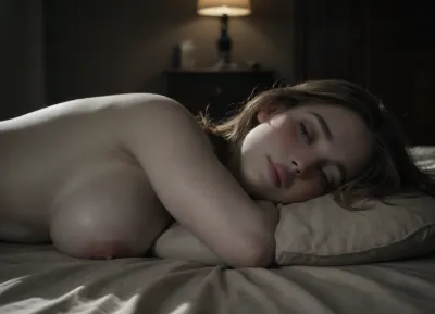 Young woman, (slim girl:1.5), slender face, innocent face, (young face:1.5), (white skin:3), blonde long wavy hair down, hair in a bun, messy hair, just-woke-up hair, (large breasts:1.4), (busty boobs:1.1), naked, small nipples, pale nipples, oily face, sweaty body, natural lip color, ., .
lying on the bed, (completely lying down:1.5), (side view:1.5), (looking up at the camera:1.4), (tilting her head:1.3), (blushing:1.8), (hot:2), (sleepy eyes:1.7), flirtatious smile, .
bedroom at night, (night photo:1.5), dim warm bedroom lighting, soft lamp light, dark room, bed with headboard, cozy night atmosphere, photorealistic, high detail, (tilted photo:1.4), maniacal, laughter, dark, chiaroscuro, low-key, <lora:Instagram_Selfie_SDXL:1>, <lora:dark:.5>, <lora:maniacal_laughter:.6>, <lora:zavy-cntrst-sdxl:.2>