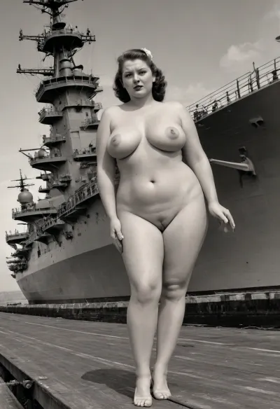 US Navy Aircraft Carrier 1950 This is a detailed, monochrome pencil drawing in a classic illustration style, depicting a scene in the USA during the 1950s, beautiful, curvy, very busty MILF, High heels., (A 90-year-old, slightly obese nude woman:1.4)