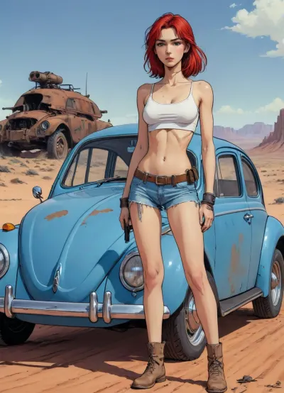 score_9, score_8_up, score_7_up, source_anime, woman posing with rifle next to rusty VW Beetle, (A detailed anime drawing with clean lines and meticulous shading, flat colors, line art, no gradients, blue and red palette), realistic anatomy, wasteland, deset, western style, sand storn, Moebius, detailed face, (Jean, Giraud), page, lineart, <lora:Moebius (Jean Giraud) Style:1>, <lora:outline_xl_kohaku_delta_spv5x:1.1>, <lora:lineartSDXL:.8>