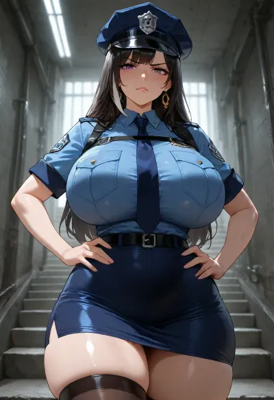 masterpiece, best quality, absurdres, newest, highres, very aesthetic, 1girl, solo, mature female, adult, karryn, (karryn's prison), nsfw, long hair, black hair, purple eyes, beautiful detailed eyes, huge breasts, curvy, narrow waist, thick thighs, warden uniform, police uniform, peaked cap, necktie, tight clothes, standing, hands on hips, looking at viewer, angry, serious, blush, prison, concrete stairs, fluorescent lighting, cinematic lighting, cowboy shot, detailed face, intricate details